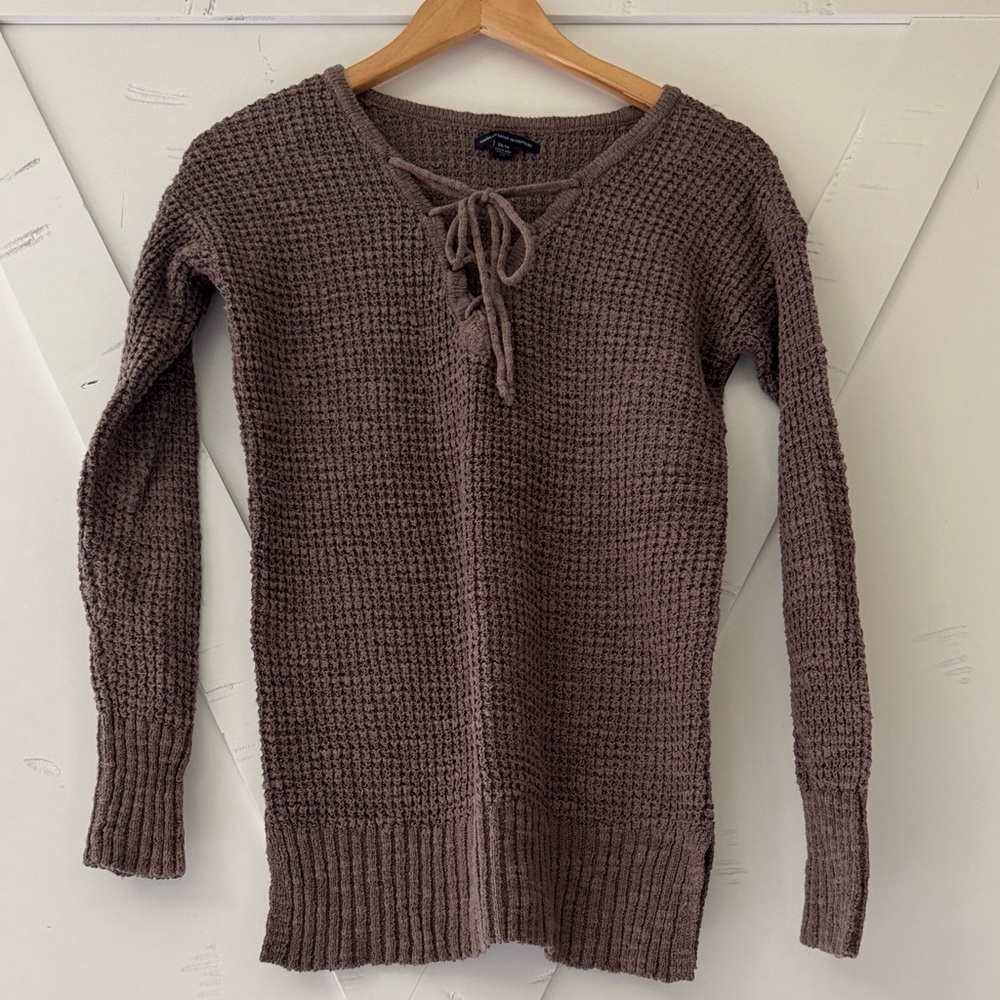 American Eagle Outfitters Brown Lace-Up V-Neck Sweater